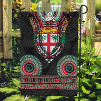 Fiji Coat of Arms Traditional Dashiki Garden Flag Tapa Art and Palm Leaves Pattern Black Color - Polynesian Pride