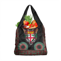 Fiji Coat of Arms Traditional Dashiki Grocery Bag Tapa Art and Palm Leaves Pattern Black Color - Polynesian Pride