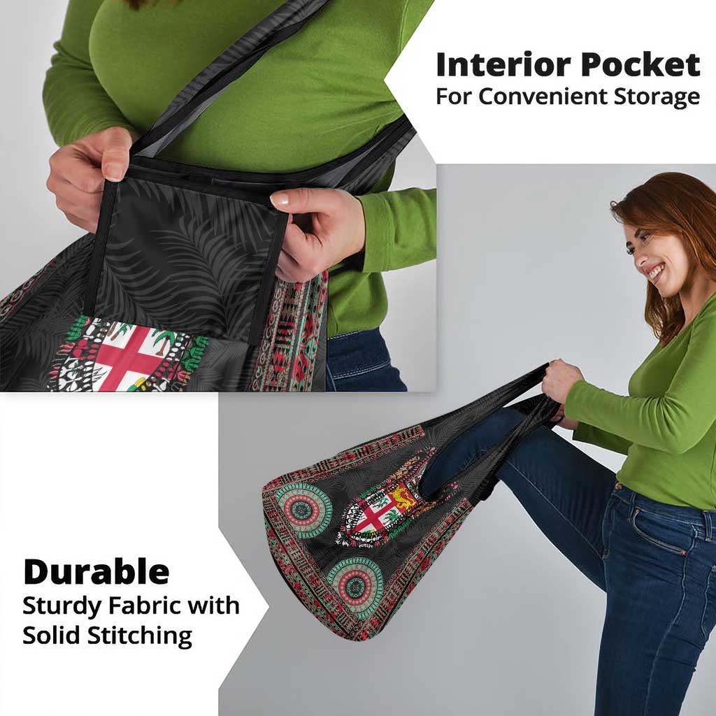 Fiji Coat of Arms Traditional Dashiki Grocery Bag Tapa Art and Palm Leaves Pattern Black Color - Polynesian Pride