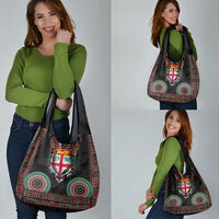 Fiji Coat of Arms Traditional Dashiki Grocery Bag Tapa Art and Palm Leaves Pattern Black Color - Polynesian Pride