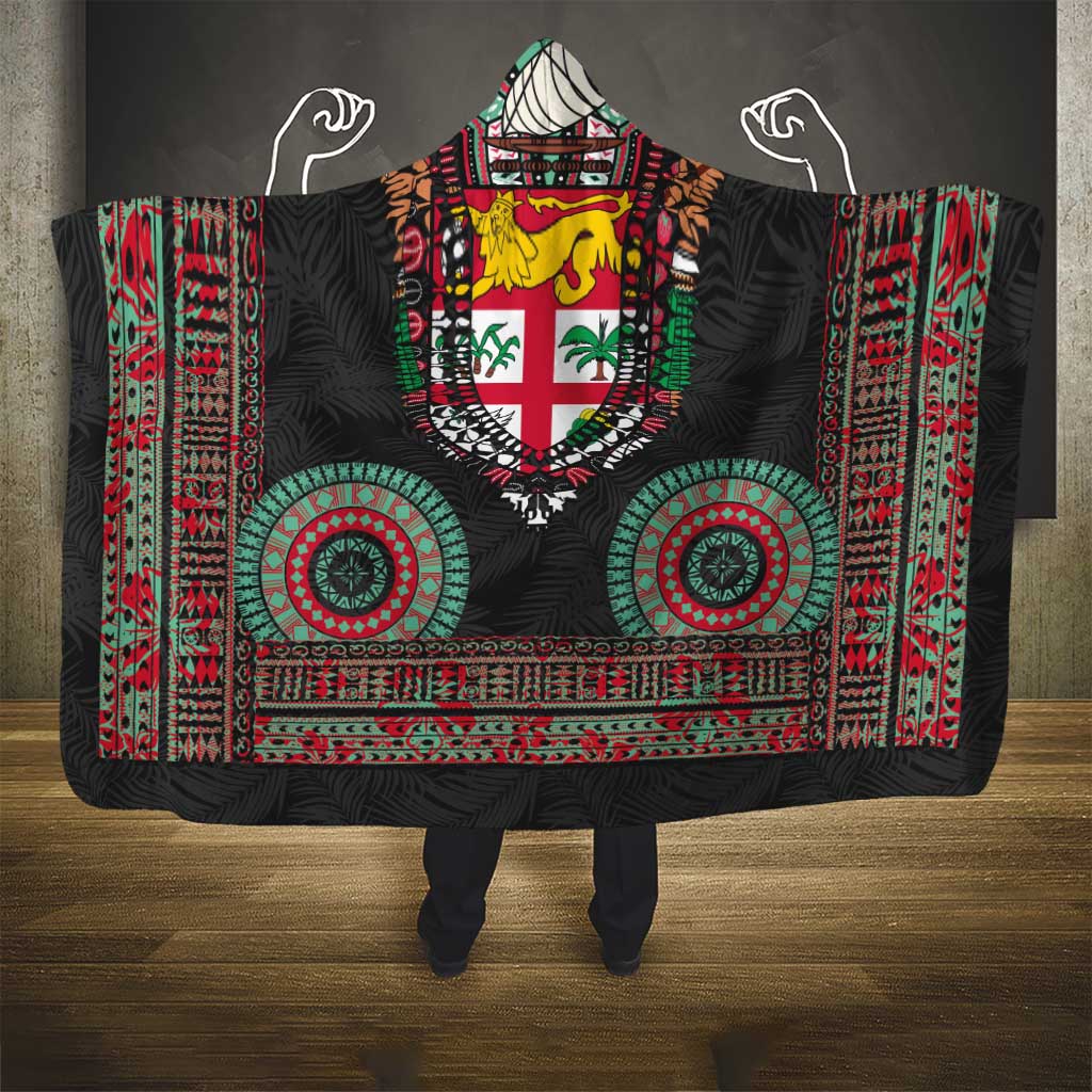 Fiji Coat of Arms Traditional Dashiki Hooded Blanket Tapa Art and Palm Leaves Pattern Black Color - Polynesian Pride