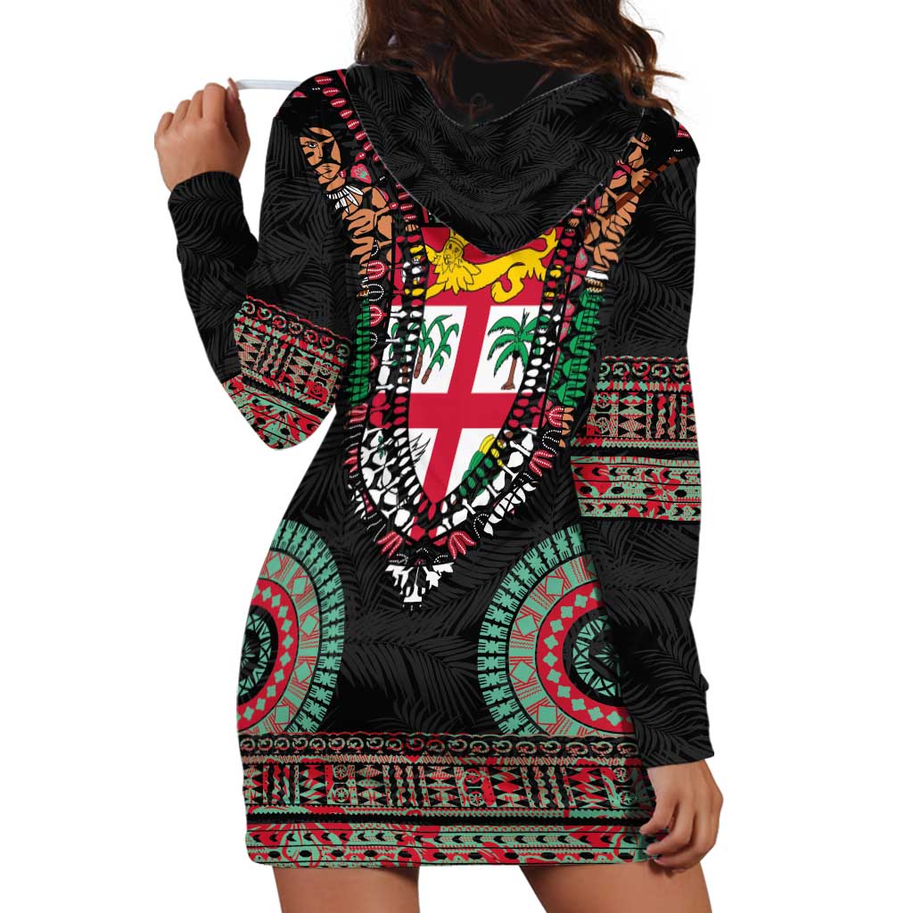 Fiji Coat of Arms Traditional Dashiki Hoodie Dress Tapa Art and Palm Leaves Pattern Black Color - Polynesian Pride