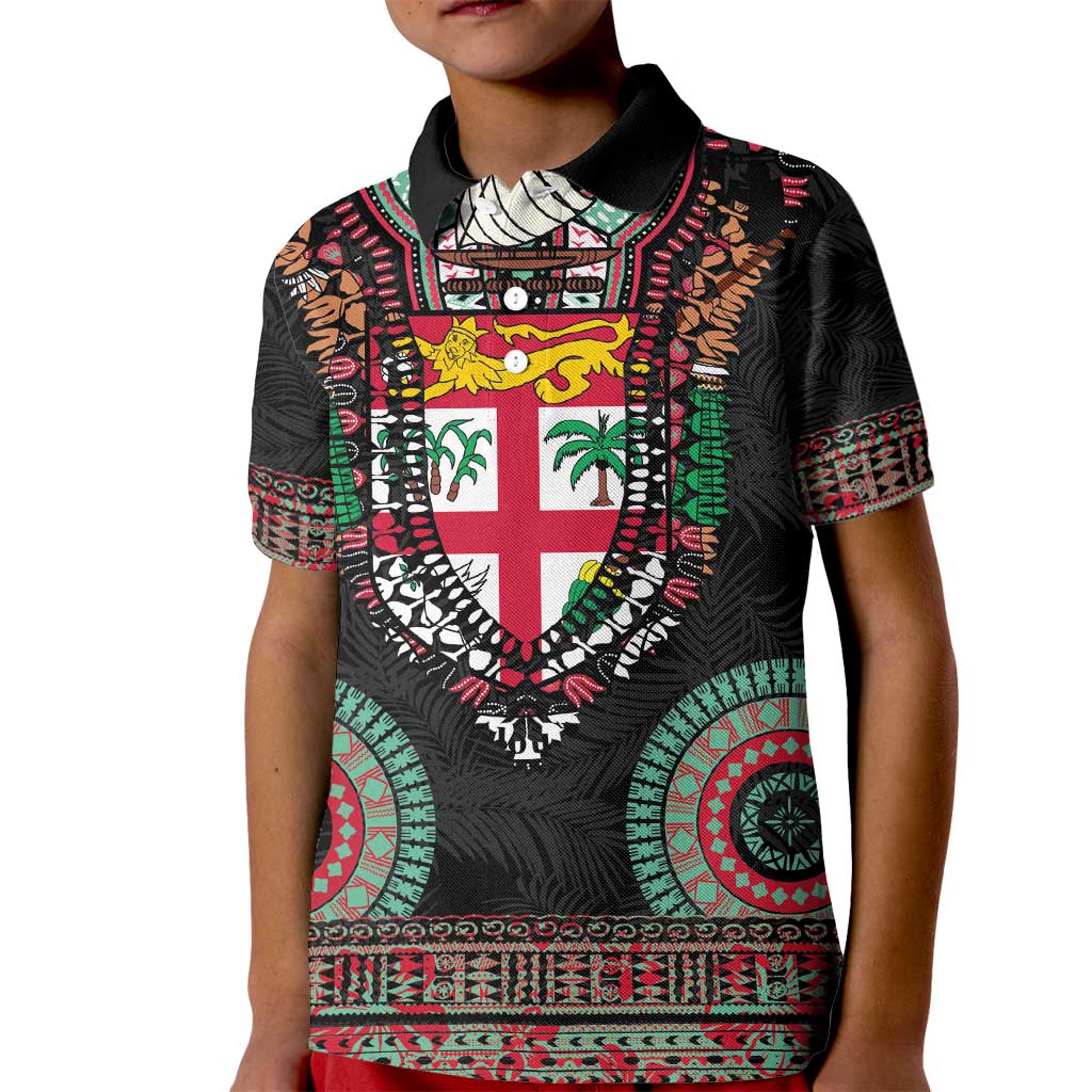 Fiji Coat of Arms Traditional Dashiki Kid Polo Shirt Tapa Art and Palm Leaves Pattern Black Color - Polynesian Pride