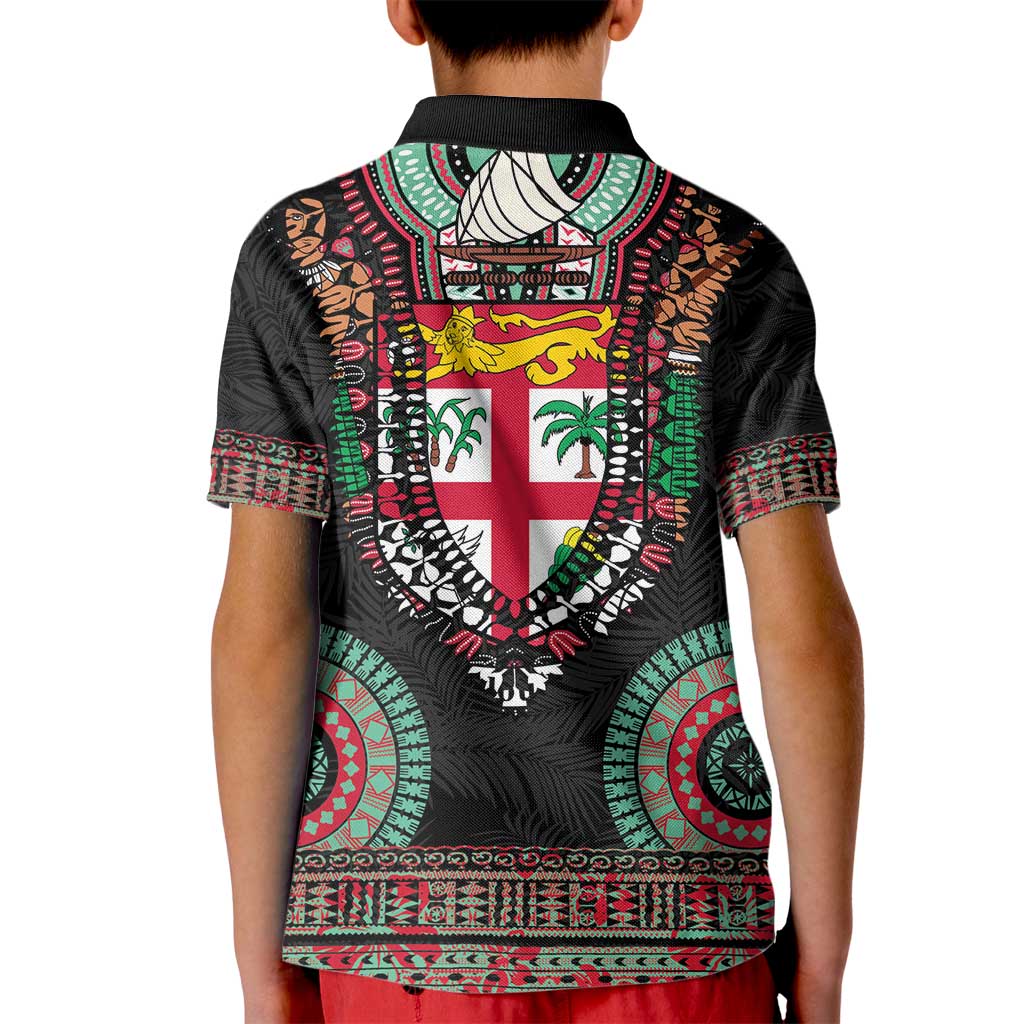Fiji Coat of Arms Traditional Dashiki Kid Polo Shirt Tapa Art and Palm Leaves Pattern Black Color - Polynesian Pride