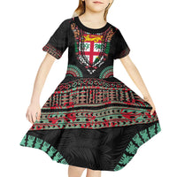 Fiji Coat of Arms Traditional Dashiki Kid Short Sleeve Dress Tapa Art and Palm Leaves Pattern Black Color - Polynesian Pride