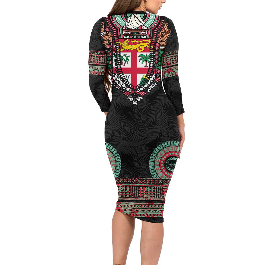 Fiji Coat of Arms Traditional Dashiki Long Sleeve Bodycon Dress Tapa Art and Palm Leaves Pattern Black Color LT03 - Polynesian Pride