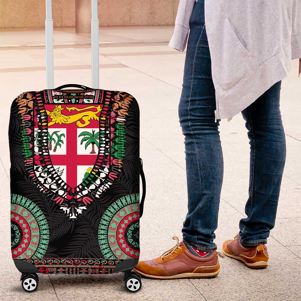 Fiji Coat of Arms Traditional Dashiki Luggage Cover Tapa Art and Palm Leaves Pattern Black Color - Polynesian Pride