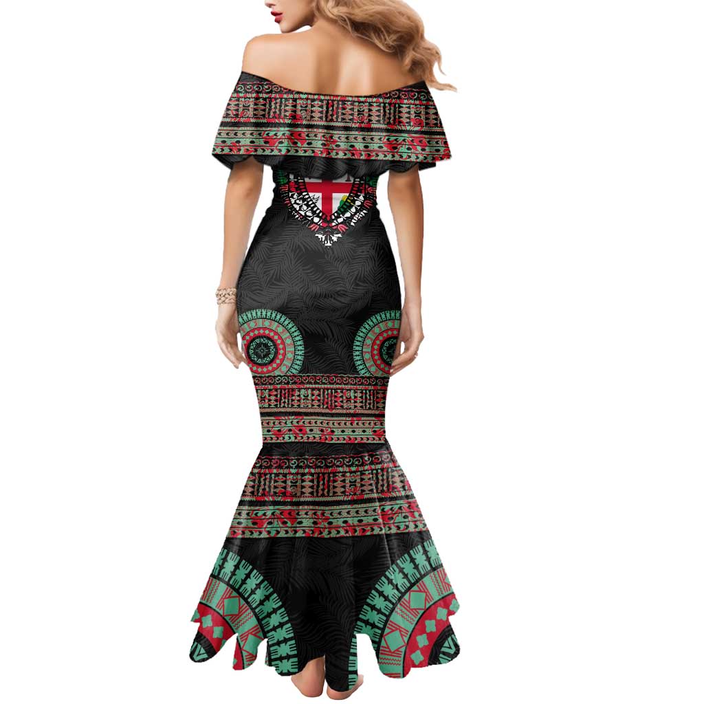 Fiji Coat of Arms Traditional Dashiki Mermaid Dress Tapa Art and Palm Leaves Pattern Black Color LT03 - Polynesian Pride