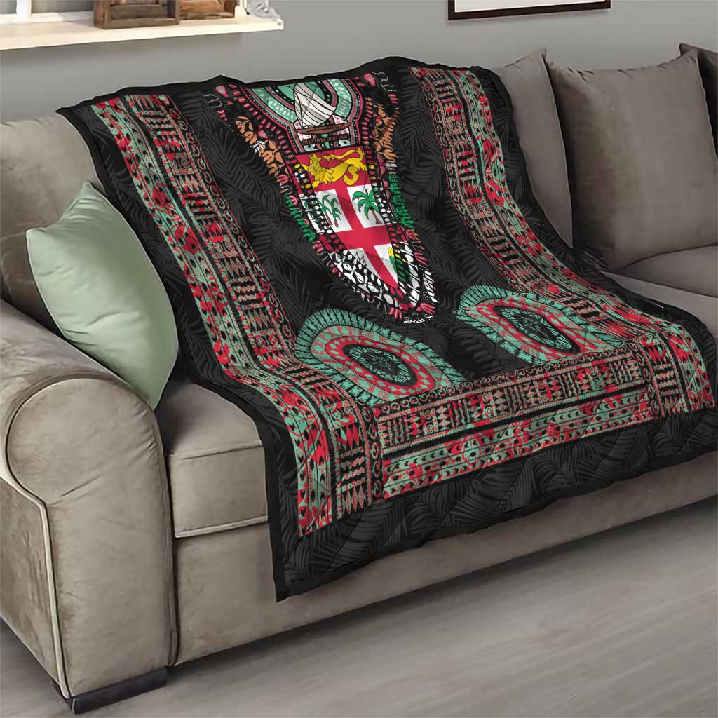 Fiji Coat of Arms Traditional Dashiki Quilt Tapa Art and Palm Leaves Pattern Black Color - Polynesian Pride