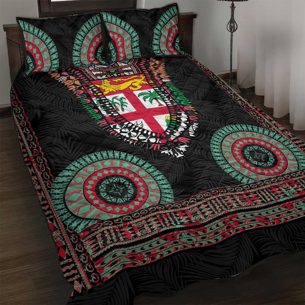 Fiji Coat of Arms Traditional Dashiki Quilt Bed Set Tapa Art and Palm Leaves Pattern Black Color - Polynesian Pride