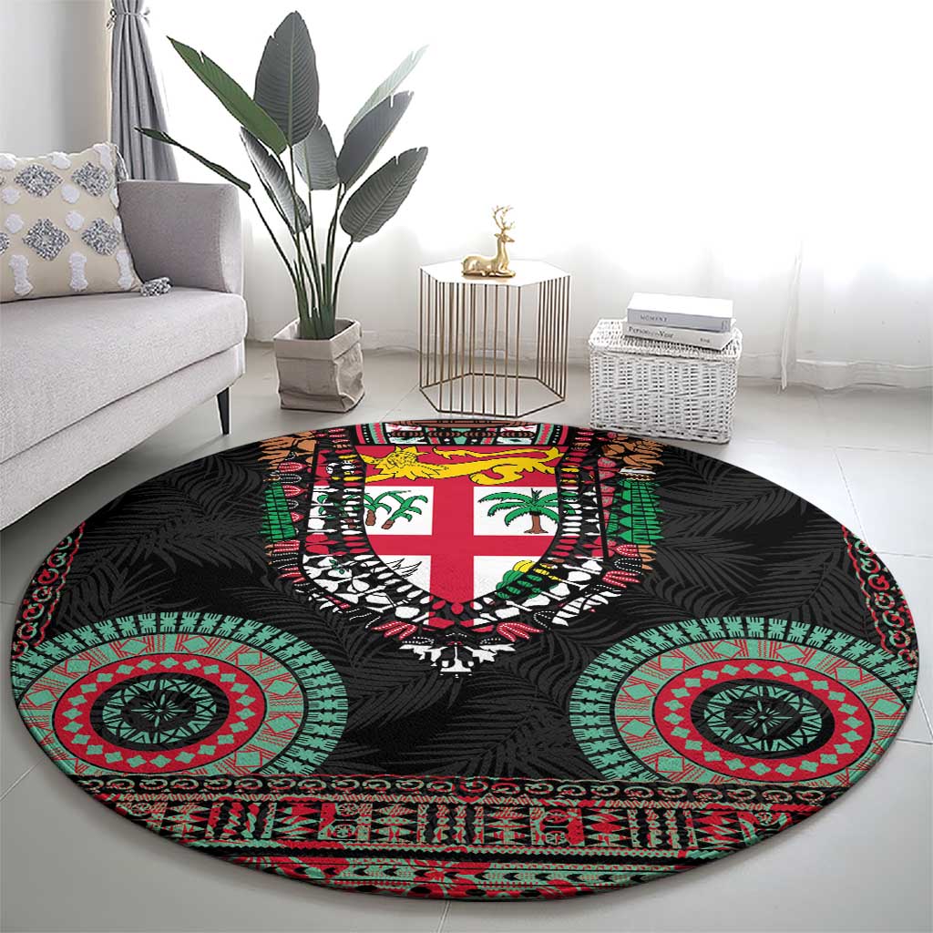 Fiji Coat of Arms Traditional Dashiki Round Carpet Tapa Art and Palm Leaves Pattern Black Color - Polynesian Pride