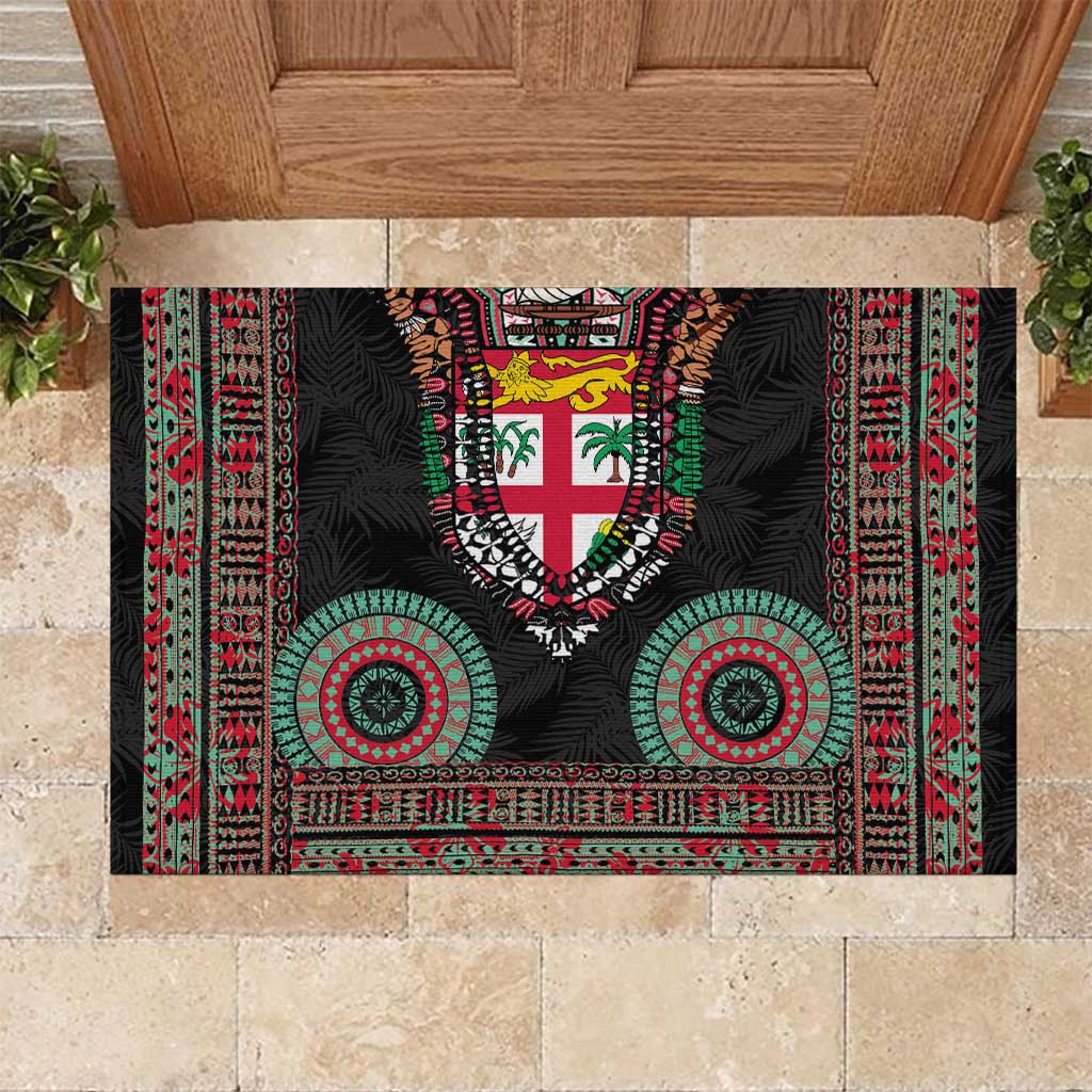 Fiji Coat of Arms Traditional Dashiki Rubber Doormat Tapa Art and Palm Leaves Pattern Black Color - Polynesian Pride