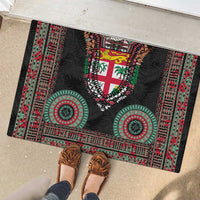 Fiji Coat of Arms Traditional Dashiki Rubber Doormat Tapa Art and Palm Leaves Pattern Black Color - Polynesian Pride