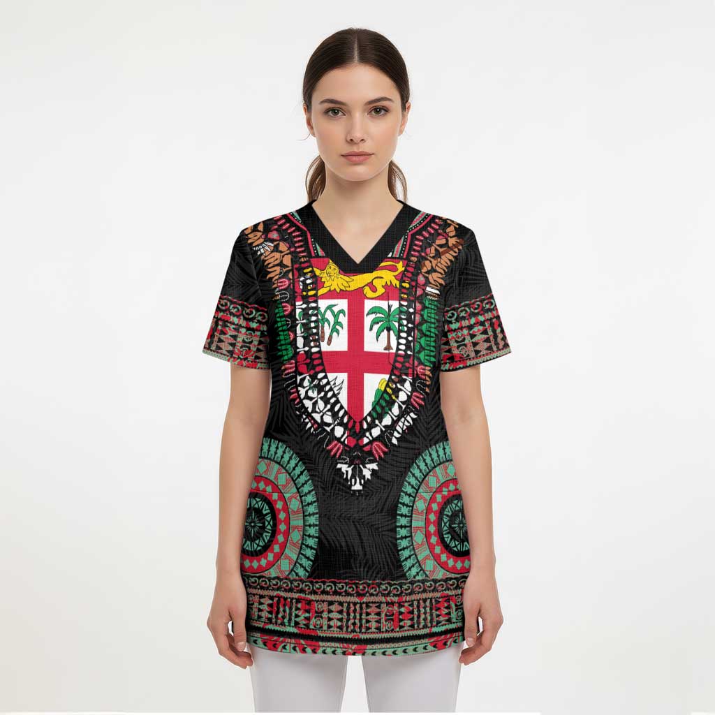 Fiji Coat of Arms Traditional Dashiki Scrub Top Tapa Art and Palm Leaves Pattern Black Color - Polynesian Pride