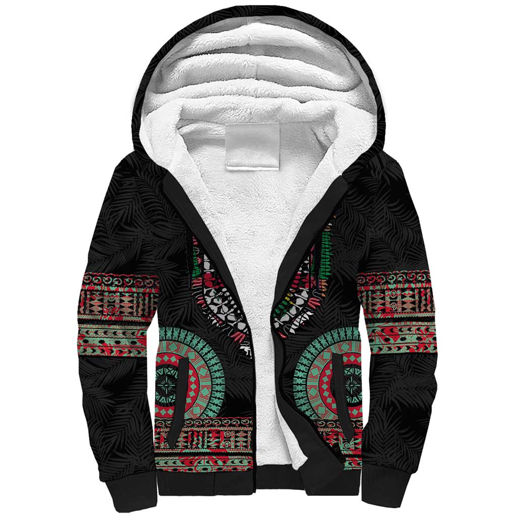 Fiji Coat of Arms Traditional Dashiki Sherpa Hoodie Tapa Art and Palm Leaves Pattern Black Color - Polynesian Pride
