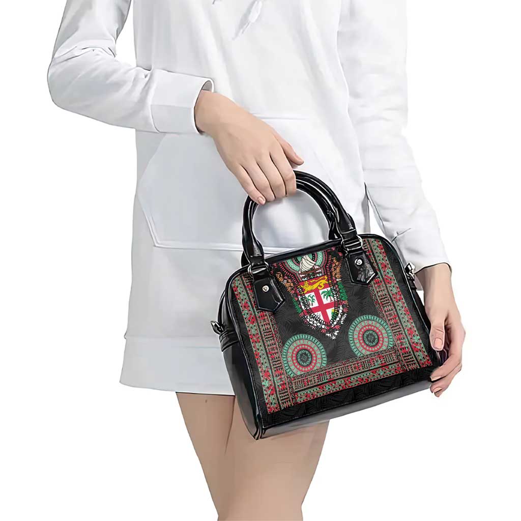 Fiji Coat of Arms Traditional Dashiki Shoulder Handbag Tapa Art and Palm Leaves Pattern Black Color - Polynesian Pride