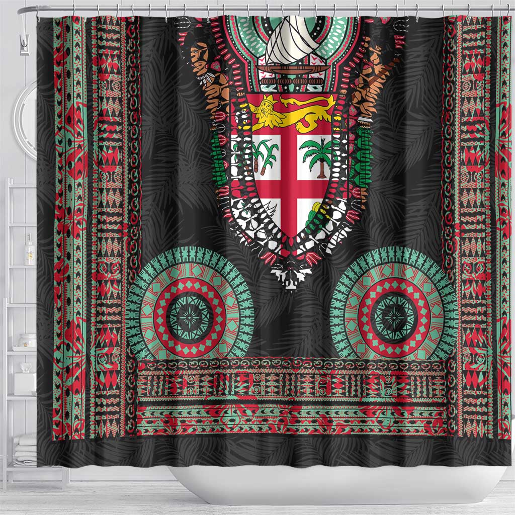 Fiji Coat of Arms Traditional Dashiki Shower Curtain Tapa Art and Palm Leaves Pattern Black Color - Polynesian Pride
