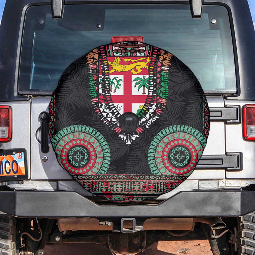 Fiji Coat of Arms Traditional Dashiki Spare Tire Cover Tapa Art and Palm Leaves Pattern Black Color - Polynesian Pride