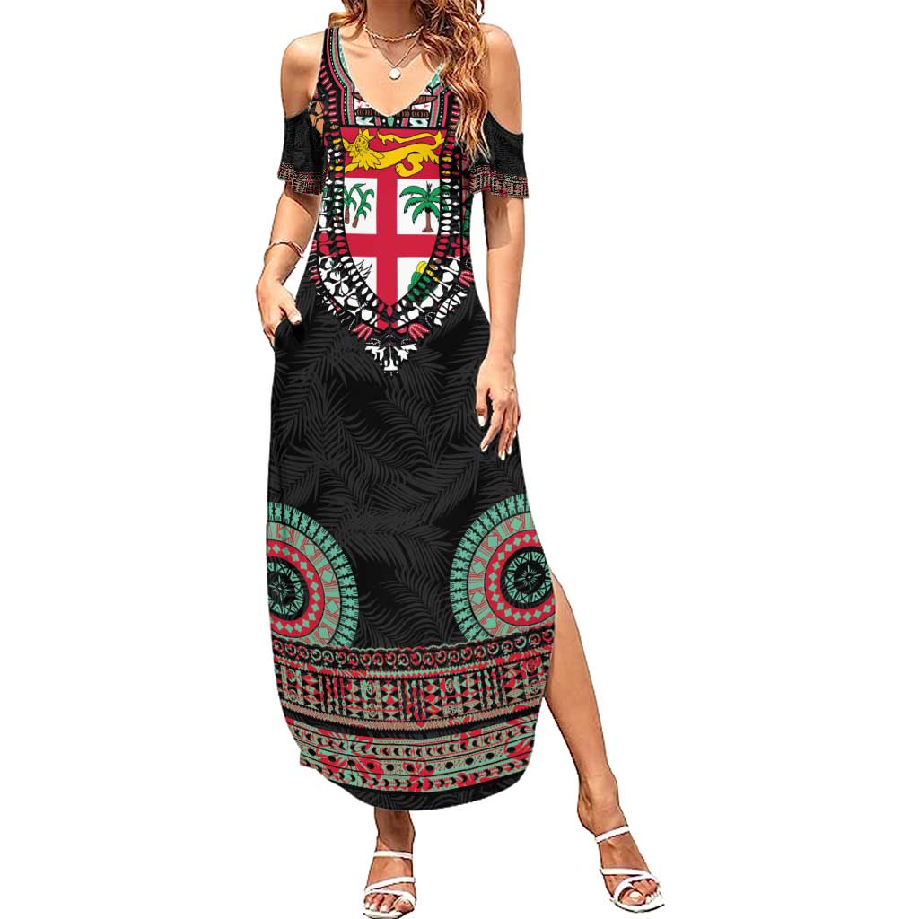 Fiji Coat of Arms Traditional Dashiki Summer Maxi Dress Tapa Art and Palm Leaves Pattern Black Color - Polynesian Pride