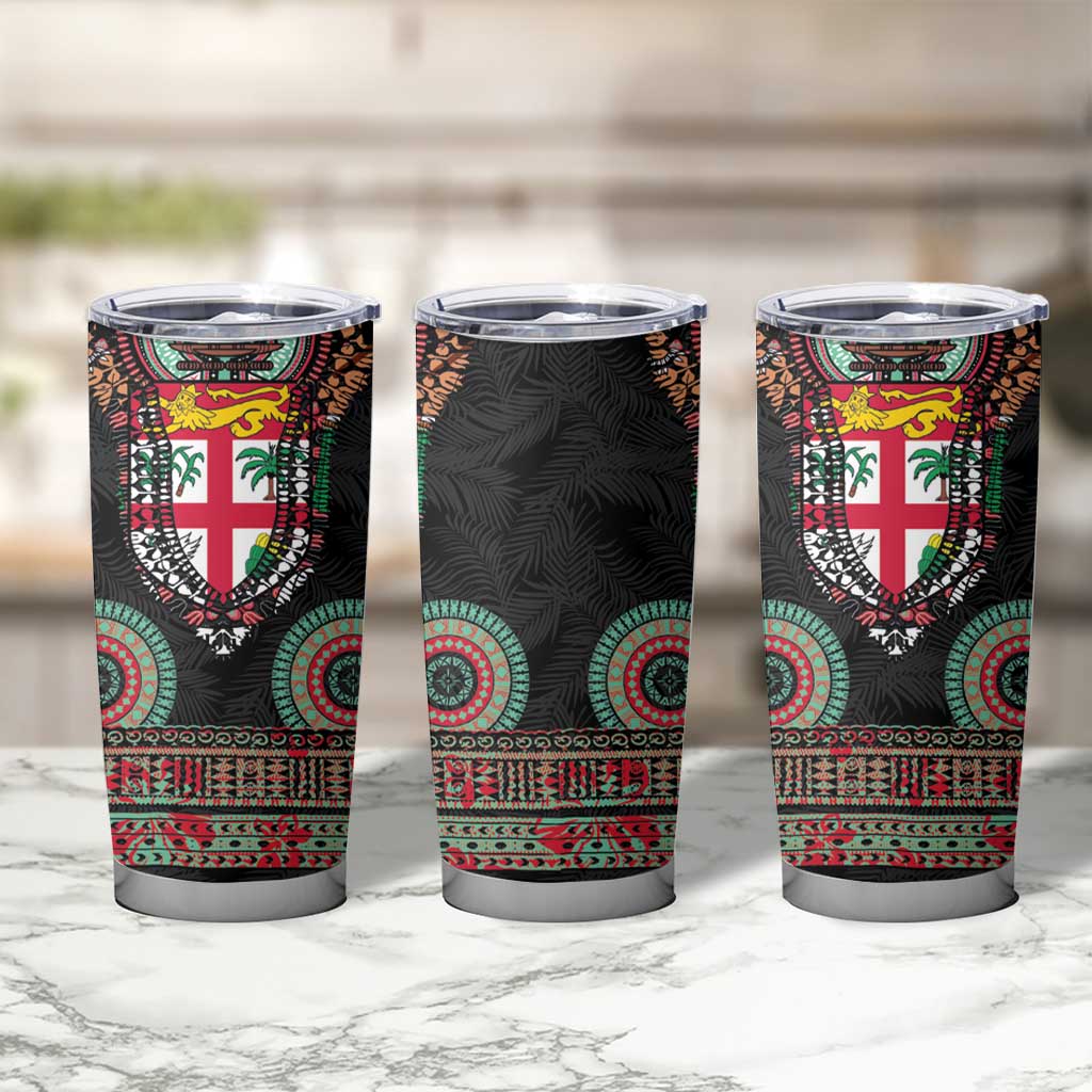 Fiji Coat of Arms Traditional Dashiki Tumbler Cup Tapa Art and Palm Leaves Pattern Black Color - Polynesian Pride
