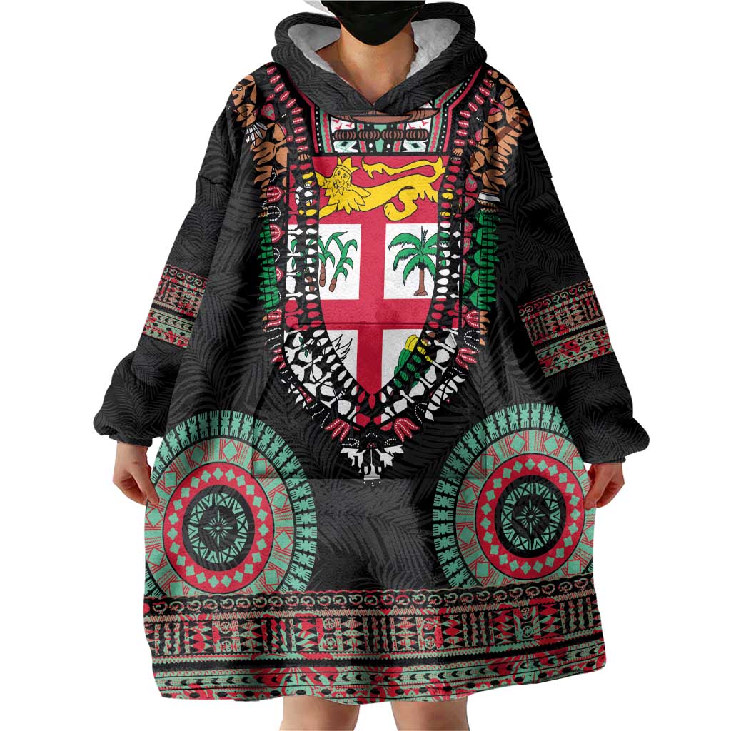 Fiji Coat of Arms Traditional Dashiki Wearable Blanket Hoodie Tapa Art and Palm Leaves Pattern Black Color - Polynesian Pride