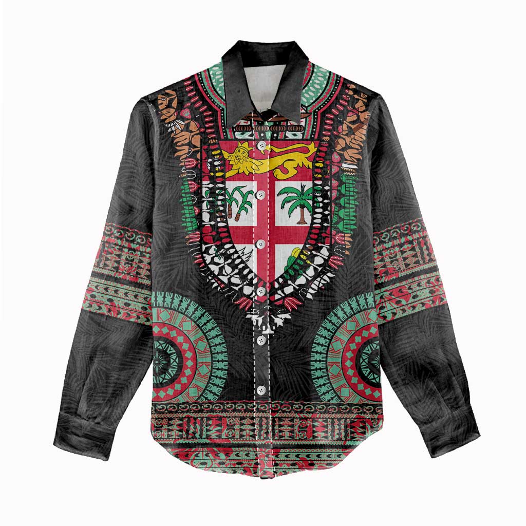 Fiji Coat of Arms Traditional Dashiki Women Casual Shirt Tapa Art and Palm Leaves Pattern Black Color LT03 - Polynesian Pride