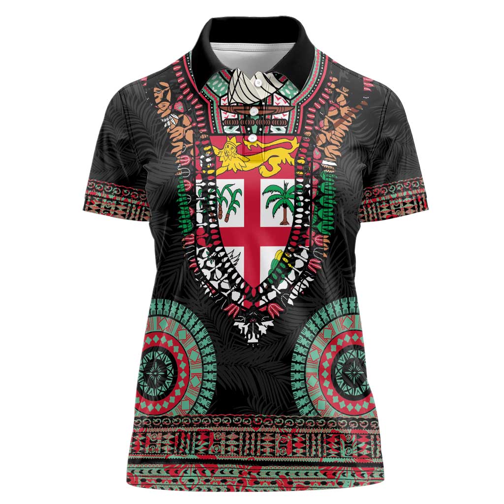 Fiji Coat of Arms Traditional Dashiki Women Polo Shirt Tapa Art and Palm Leaves Pattern Black Color - Polynesian Pride