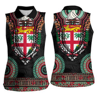 Fiji Coat of Arms Traditional Dashiki Women Sleeveless Polo Shirt Tapa Art and Palm Leaves Pattern Black Color - Polynesian Pride