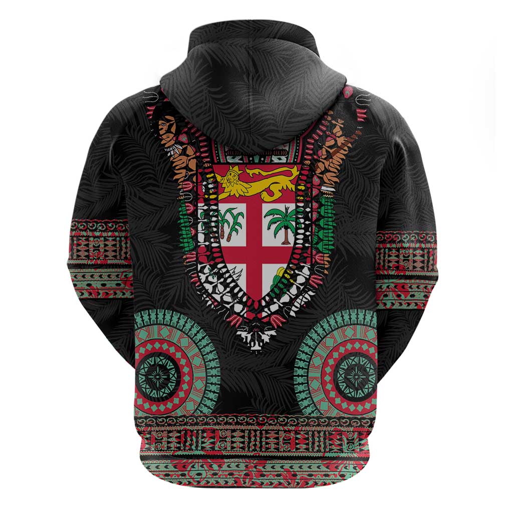 Fiji Coat of Arms Traditional Dashiki Zip Hoodie Tapa Art and Palm Leaves Pattern Black Color - Polynesian Pride