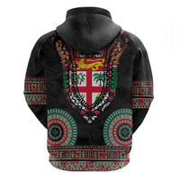 Fiji Coat of Arms Traditional Dashiki Zip Hoodie Tapa Art and Palm Leaves Pattern Black Color - Polynesian Pride