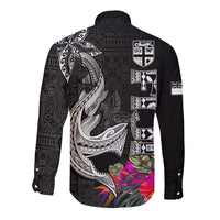Polynesian Fiji Long Sleeve Button Shirt Shark and Hibiscus Tapa Pattern Version LT03 - Polynesian Pride