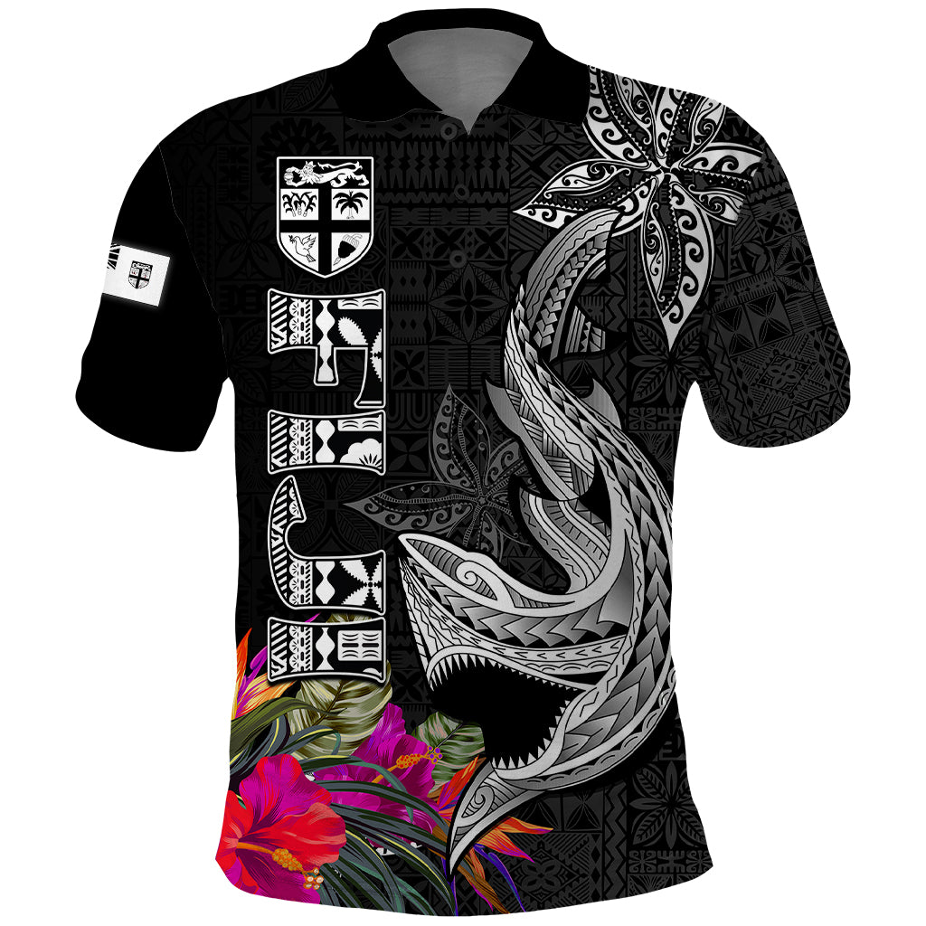 Polynesian Fiji Polo Shirt Shark and Hibiscus Tapa Pattern Version LT03 White - Polynesian Pride