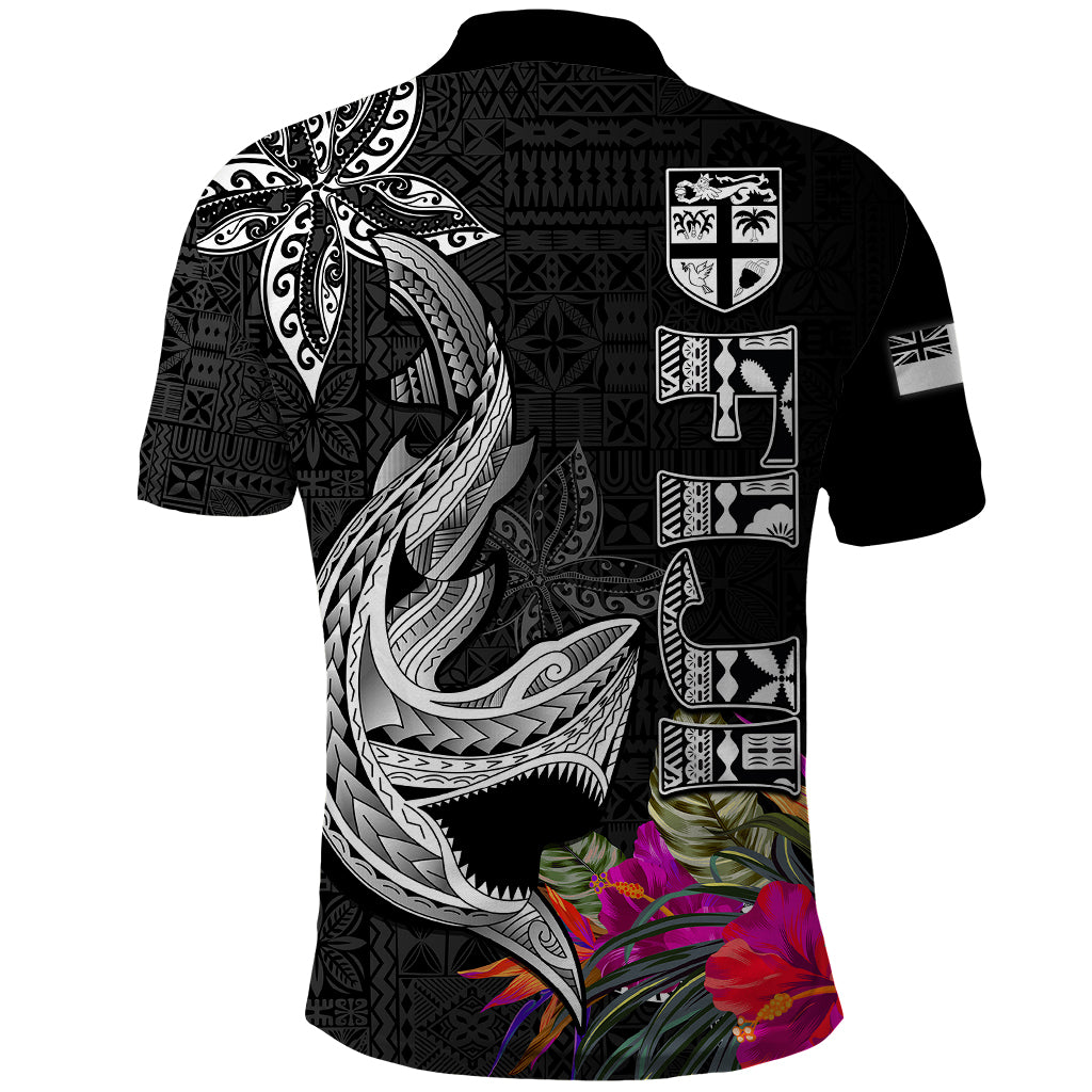 Polynesian Fiji Polo Shirt Shark and Hibiscus Tapa Pattern Version LT03 - Polynesian Pride