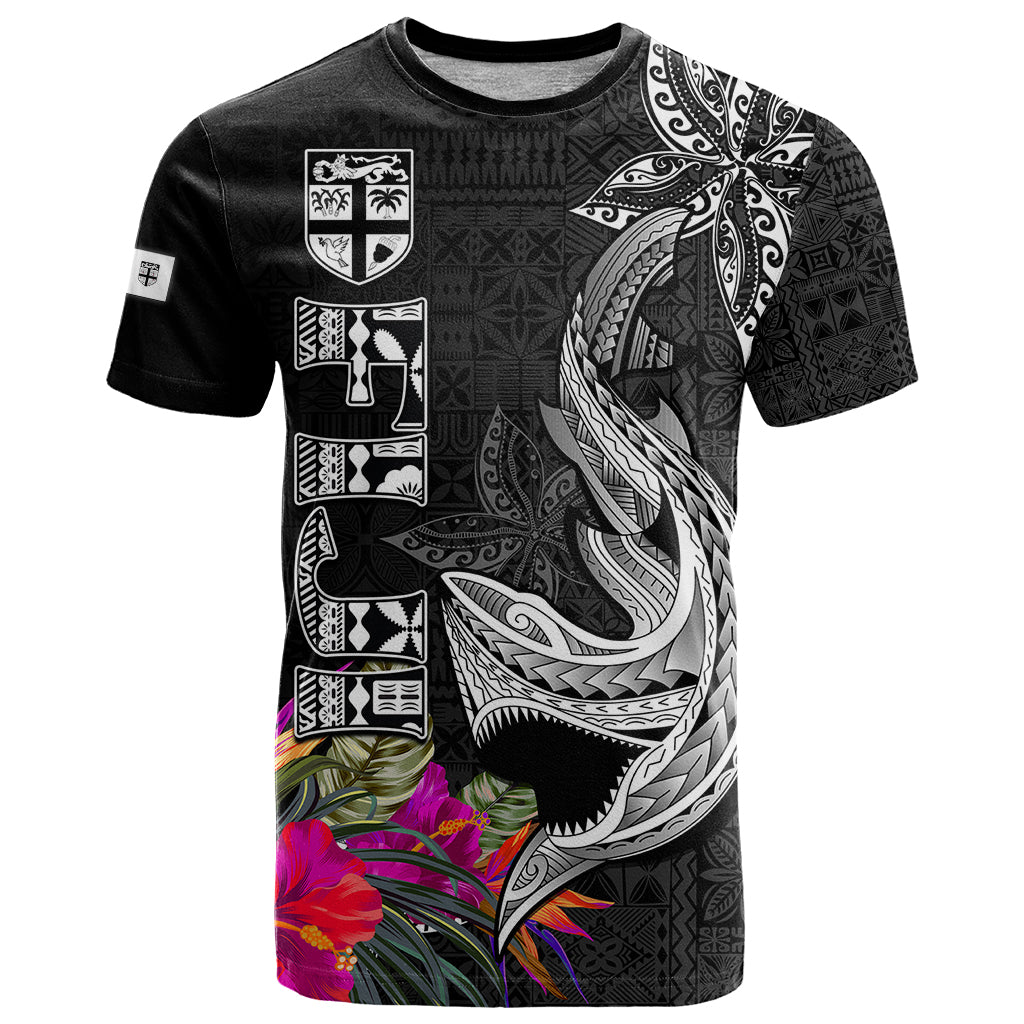 Polynesian Fiji T Shirt Shark and Hibiscus Tapa Pattern Version LT03 White - Polynesian Pride