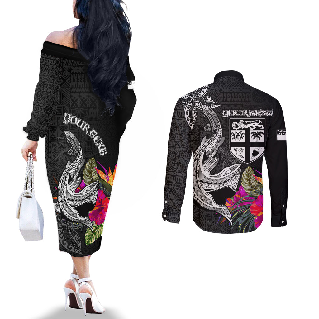 Custom Polynesian Fiji Couples Matching Off The Shoulder Long Sleeve Dress and Long Sleeve Button Shirts Shark and Hibiscus Tapa Pattern Version LT03 - Polynesian Pride