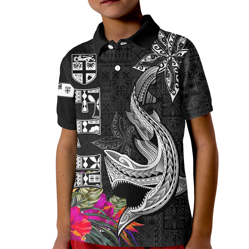 Custom Polynesian Fiji Kid Polo Shirt Shark and Hibiscus Tapa Pattern Version LT03 Kid White - Polynesian Pride