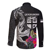Custom Polynesian Fiji Long Sleeve Button Shirt Shark and Hibiscus Tapa Pattern Version LT03 - Polynesian Pride