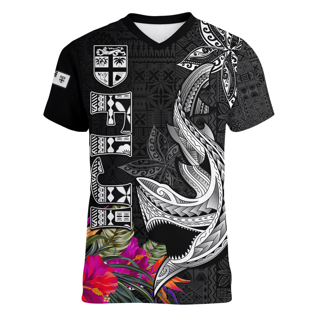 Custom Polynesian Fiji Women V Neck T Shirt Shark and Hibiscus Tapa Pattern Version LT03 Female White - Polynesian Pride