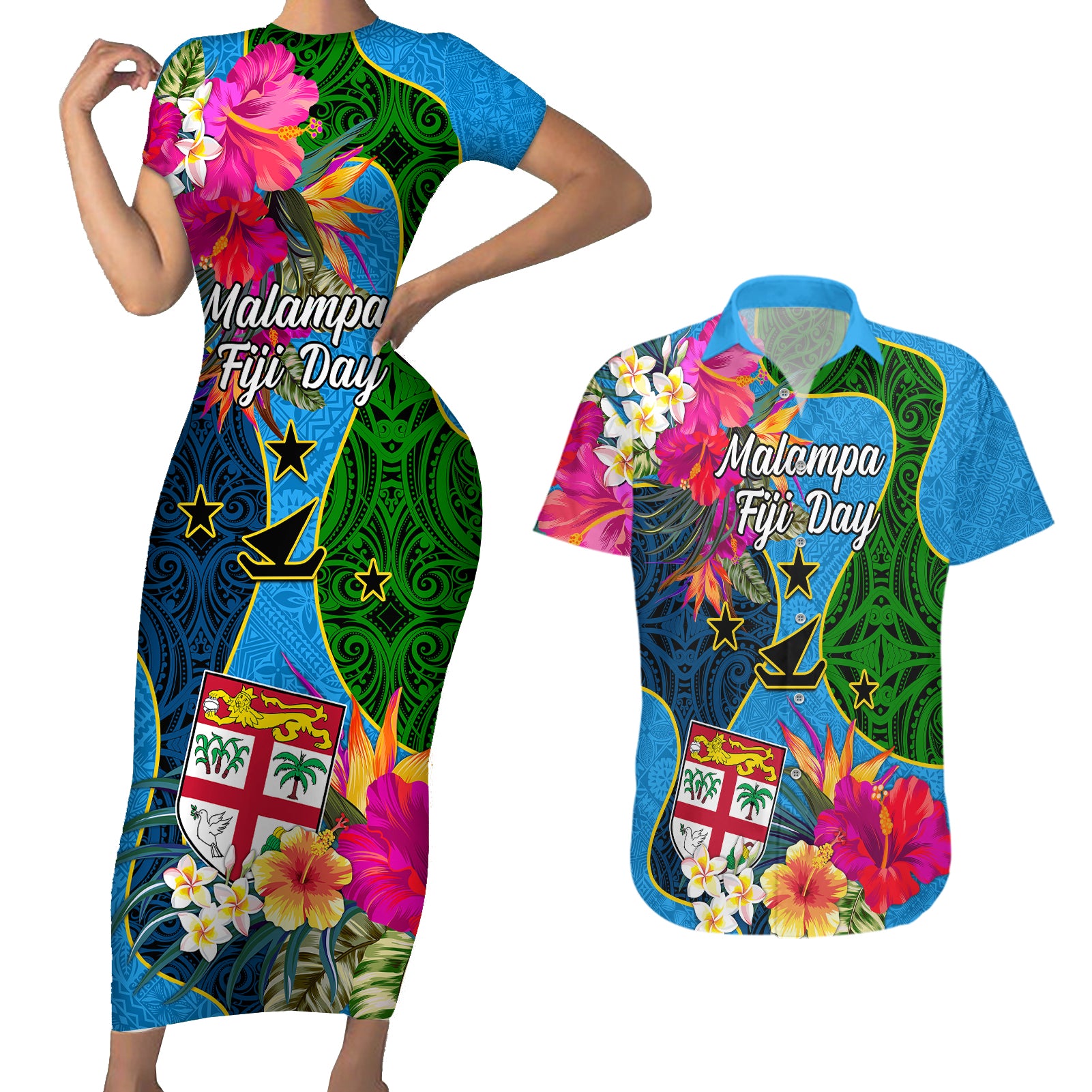 Malampa Fiji Day Couples Matching Short Sleeve Bodycon Dress and Hawaiian Shirt Tropical Plants Mix Polynesian and Tapa Pattern LT03 Blue - Polynesian Pride