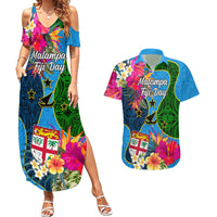 Malampa Fiji Day Couples Matching Summer Maxi Dress and Hawaiian Shirt Tropical Plants Mix Polynesian and Tapa Pattern LT03 Blue - Polynesian Pride