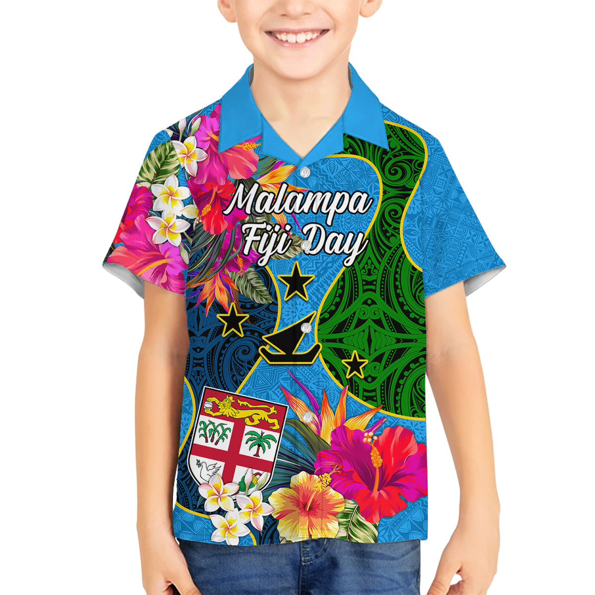 Malampa Fiji Day Family Matching Off Shoulder Short Dress and Hawaiian Shirt Tropical Plants Mix Polynesian and Tapa Pattern LT03 Son's Shirt Blue - Polynesian Pride