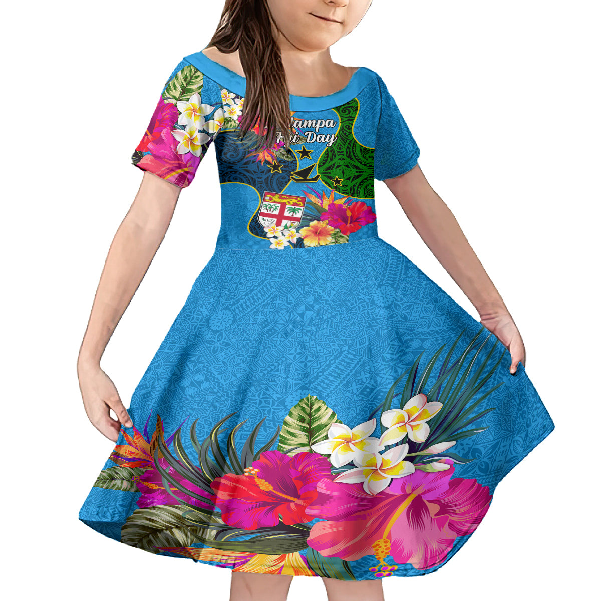 Malampa Fiji Day Kid Short Sleeve Dress Tropical Plants Mix Polynesian and Tapa Pattern LT03 KID Blue - Polynesian Pride