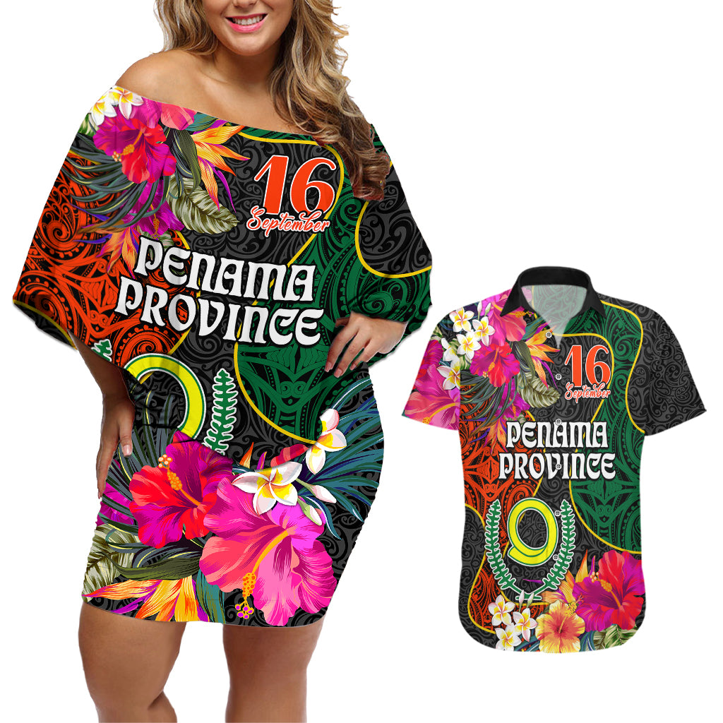 Penama Day Couples Matching Off Shoulder Short Dress and Hawaiian Shirt 16th September Polynesian Pattern with Pacific Flower LT03 Black - Polynesian Pride