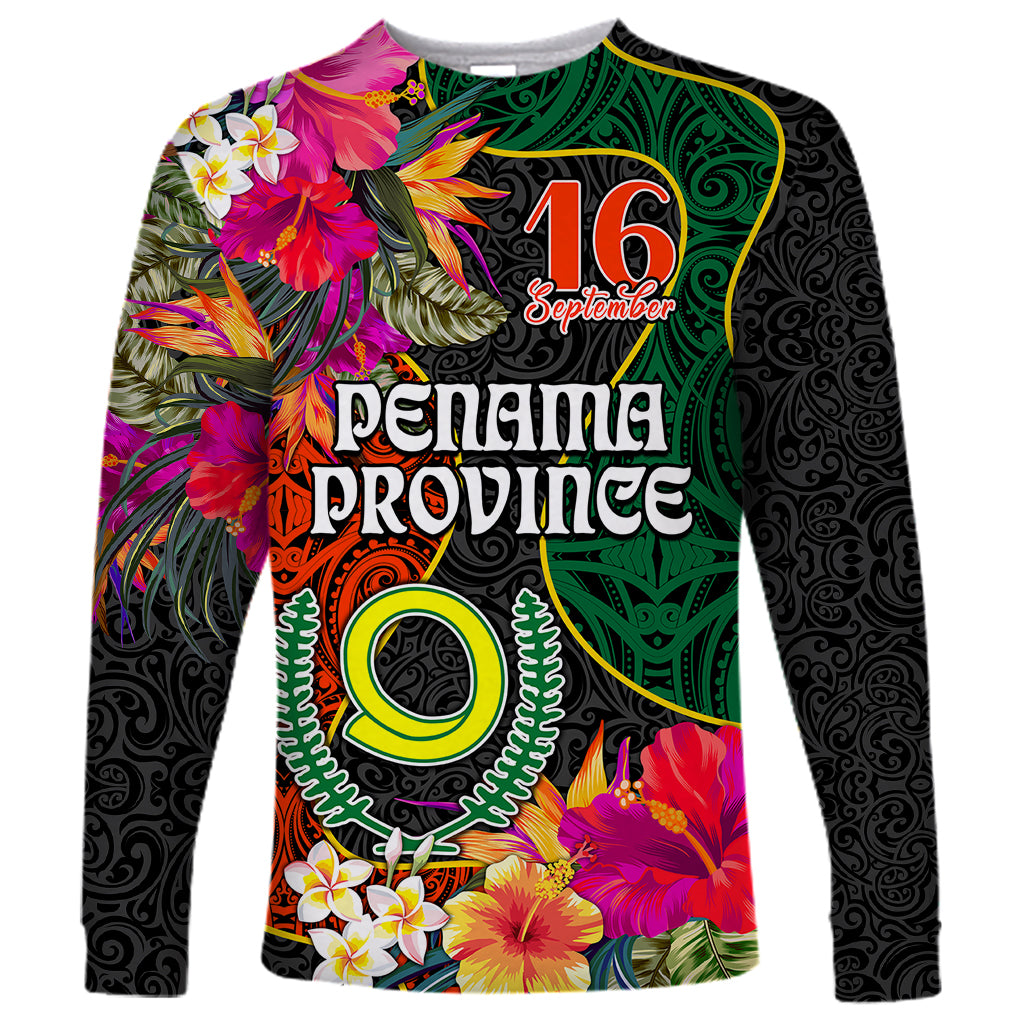 Penama Day Long Sleeve Shirt 16th September Polynesian Pattern with Pacific Flower LT03 Unisex Black - Polynesian Pride