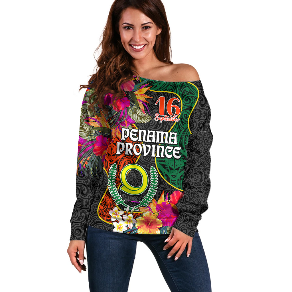 Penama Day Off Shoulder Sweater 16th September Polynesian Pattern with Pacific Flower LT03 Women Black - Polynesian Pride
