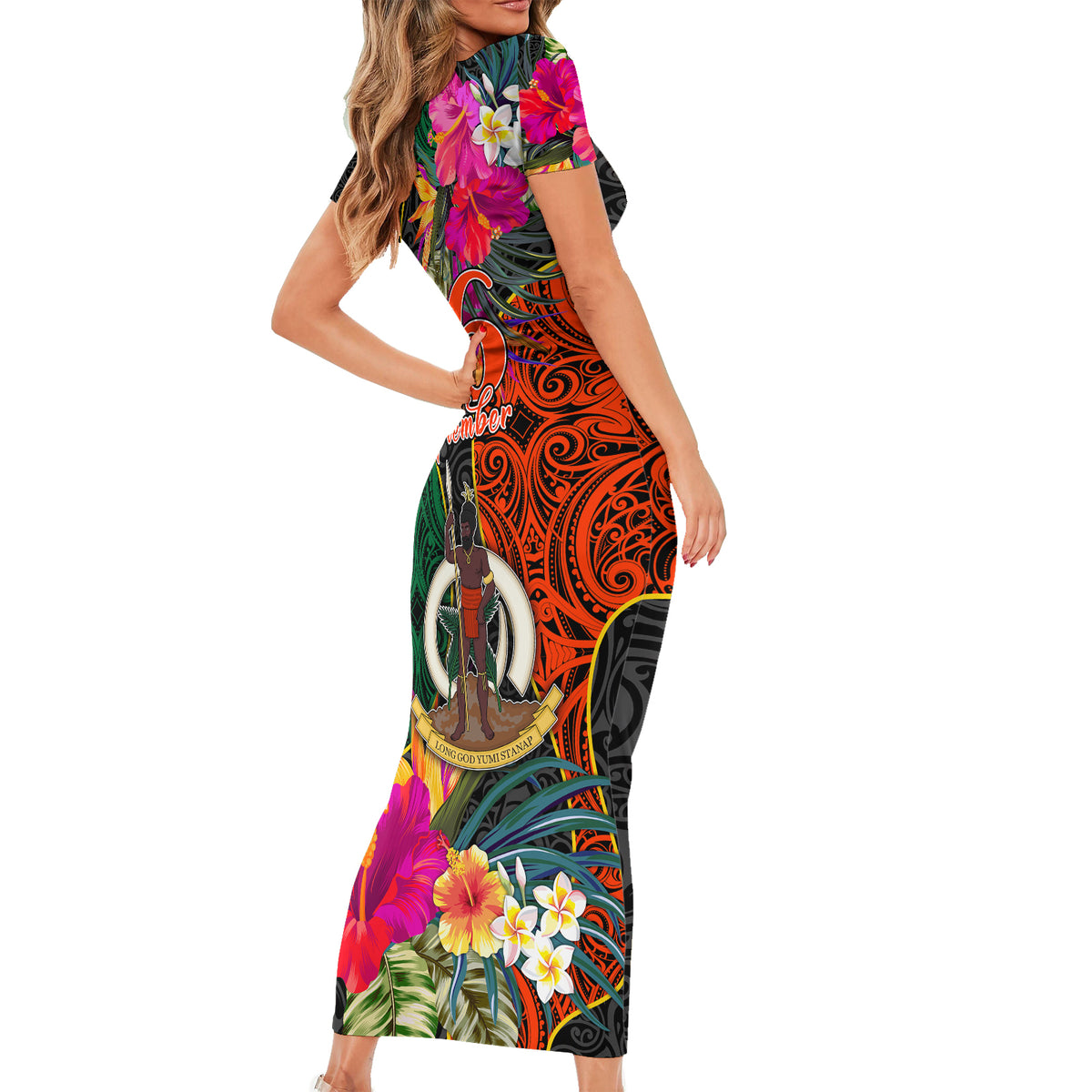 Penama Day Short Sleeve Bodycon Dress 16th September Polynesian Pattern with Pacific Flower LT03 - Polynesian Pride