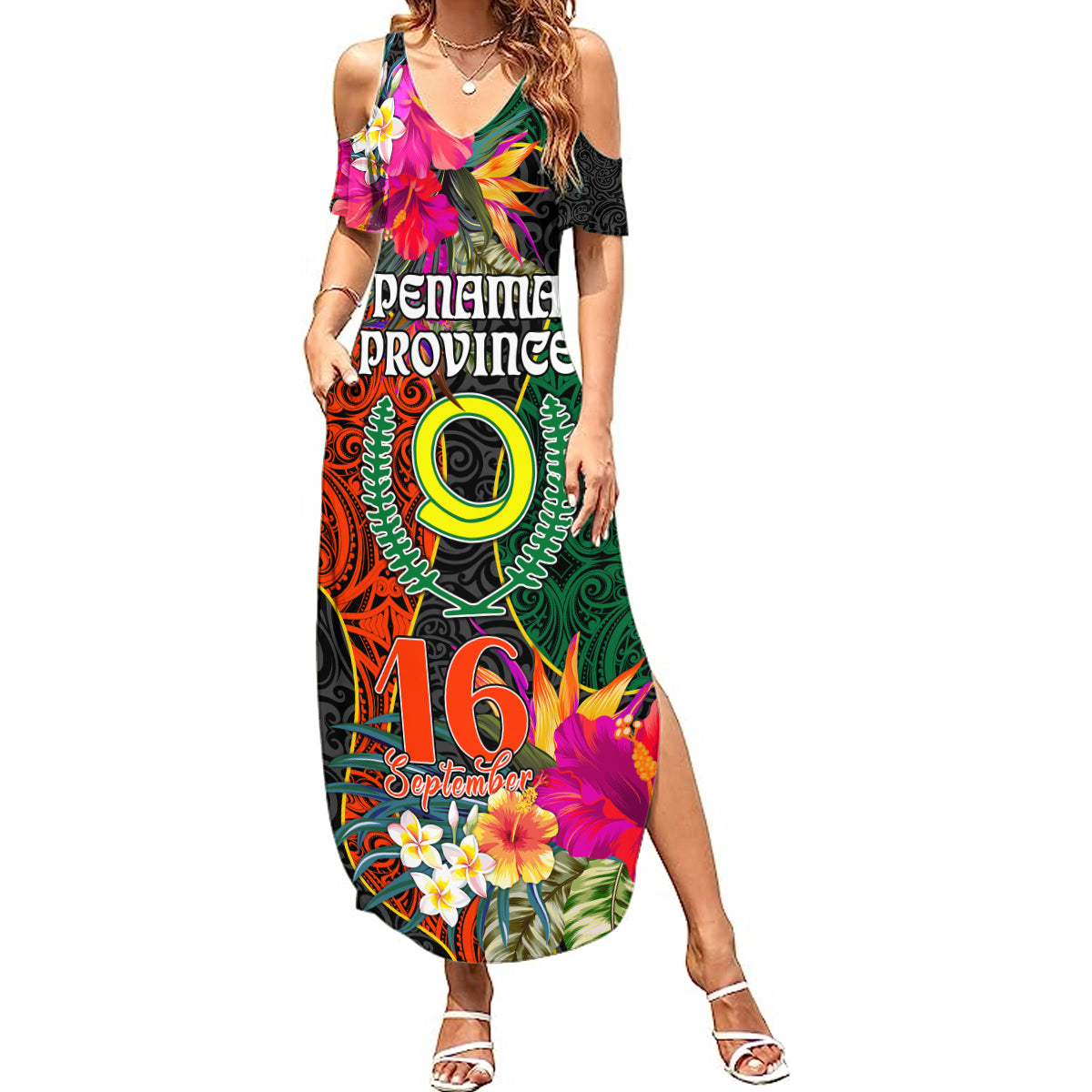 Penama Day Summer Maxi Dress 16th September Polynesian Pattern with Pacific Flower LT03 Women Black - Polynesian Pride