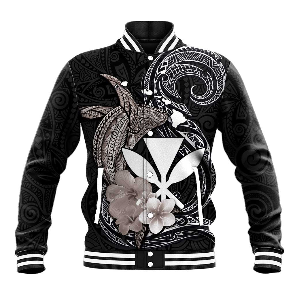 Hawaiian Whale and Kanaka Maoli Symbol Baseball Jacket Hibiscus with Hawaii Map and Polynesian Tattoo Grayscale Color