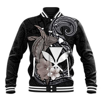 Hawaiian Whale and Kanaka Maoli Symbol Baseball Jacket Hibiscus with Hawaii Map and Polynesian Tattoo Grayscale Color