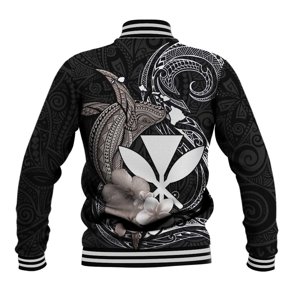 Hawaiian Whale and Kanaka Maoli Symbol Baseball Jacket Hibiscus with Hawaii Map and Polynesian Tattoo Grayscale Color